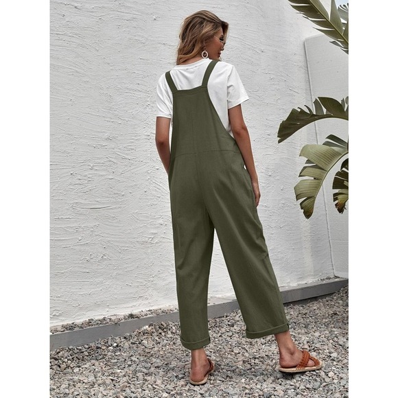 Suspender Style Overalls Wide Leg Jumpsuit with pockets boho olive green - Picture 2 of 11